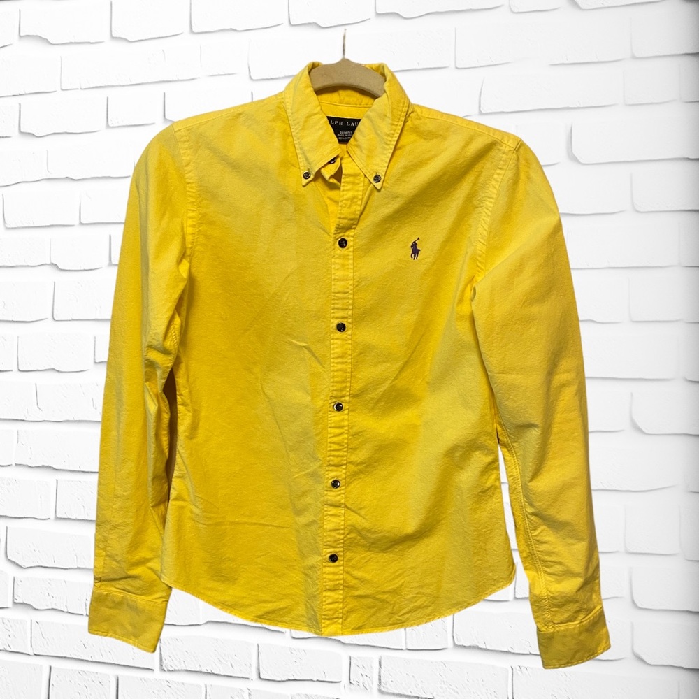 Ralph Lauren Bright Yellow Purple Polo Logo Slim Fit Button Down Shirt, size 4